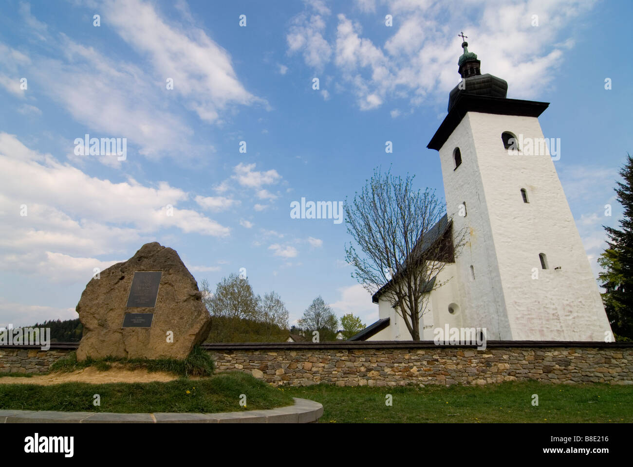 The church of St John and the monument commemorating the geographical centre of Europe Stock Photo