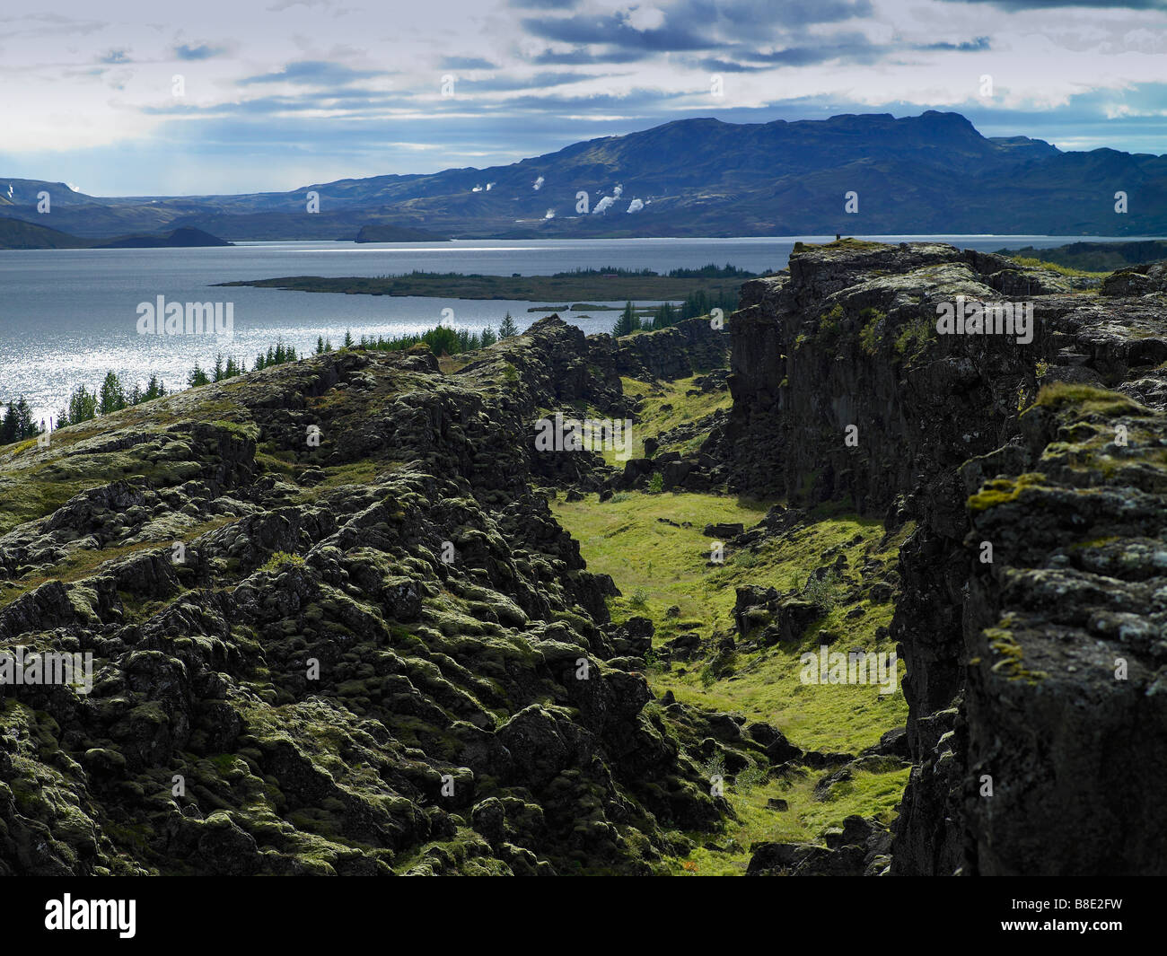 Lava landscape with earthquake cracks and Lake Thingvellir, Thingvellir National Park, Iceland Stock Photo