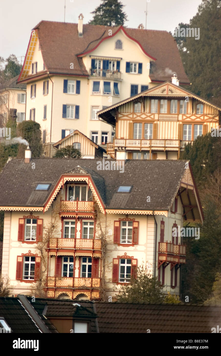 Houses with  sloping, high-pitched roofs in Lucerne, Switzerland Stock Photo