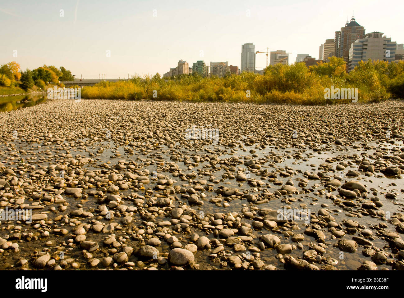 Stones on riverbed visible as river dries up, Calgary, Canada Stock Photo