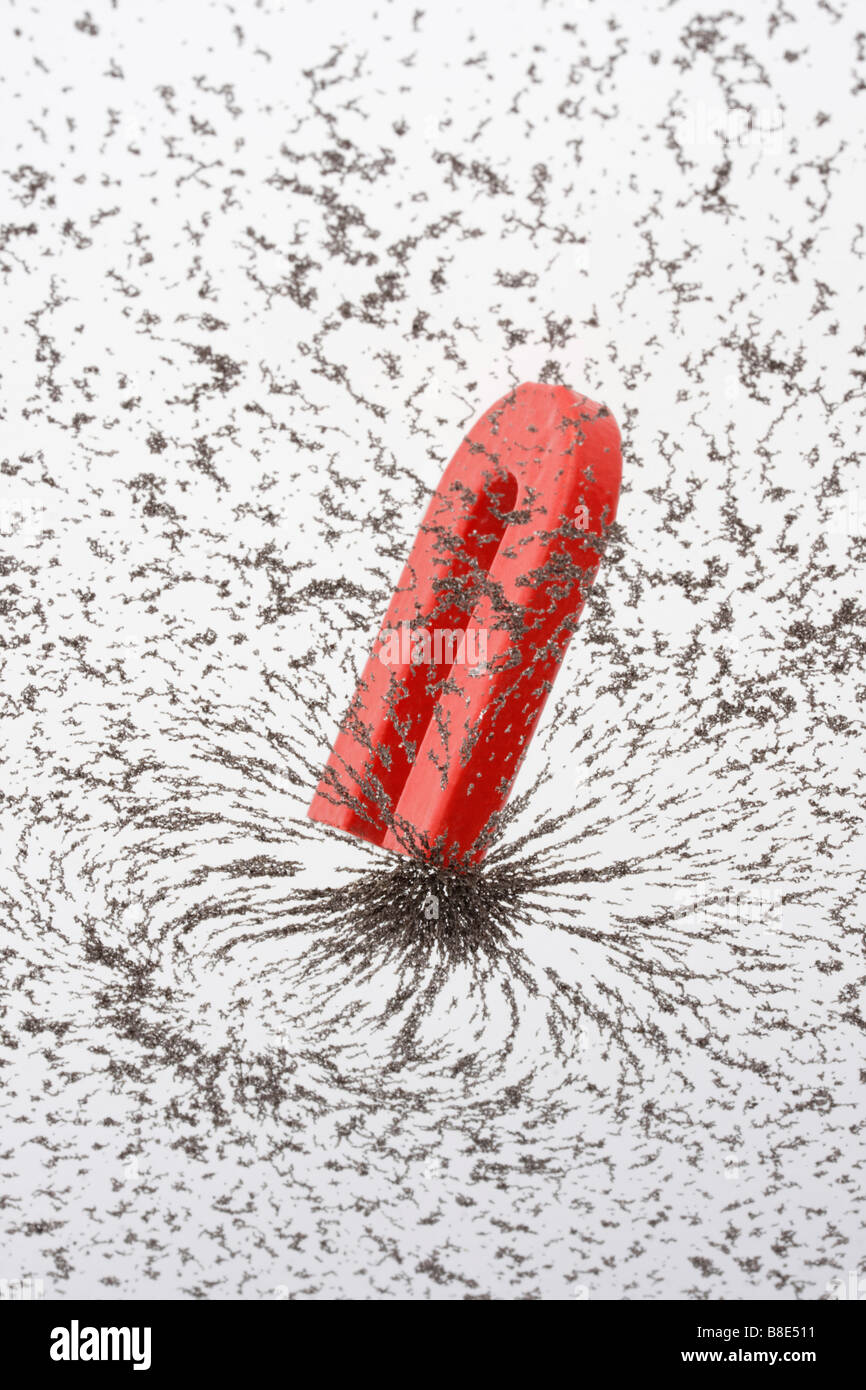 iron filing particles magnetized by horseshoe magnet Stock Photo