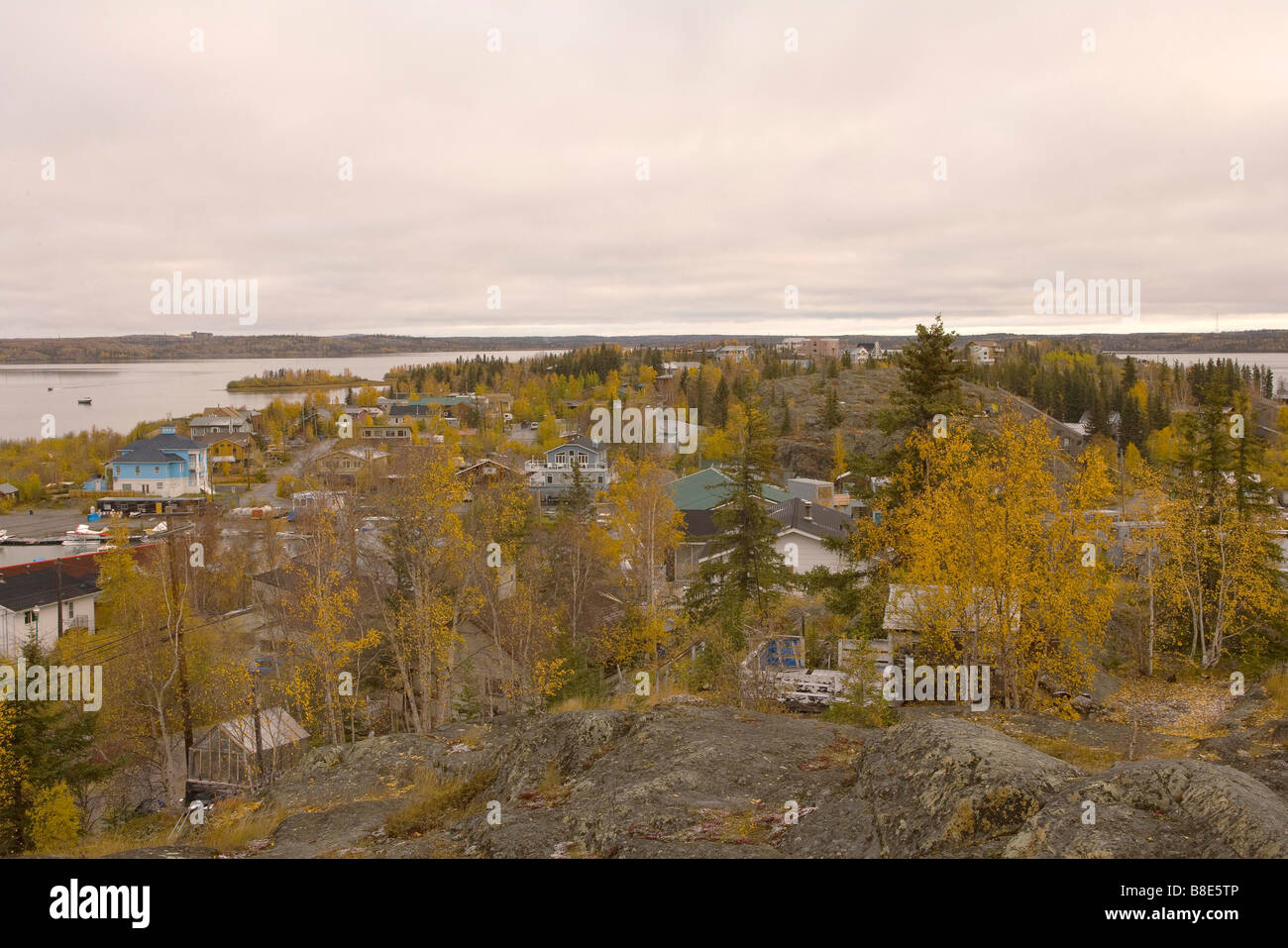 Community of traditional houses, Great Slave Lake, Yellowknife Northwest Territories, Canada Stock Photo