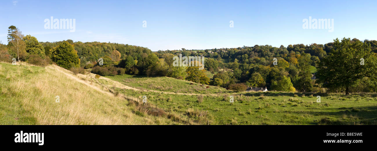 A panoramic Cotswold view in the upper Frome Valley at Daneway, Gloucestershire UK Stock Photo