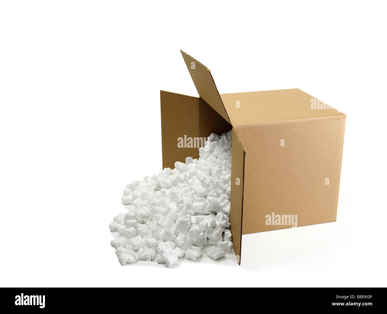 Open Cardboard Shipping Box with Styrofoam peanuts Stock Photo