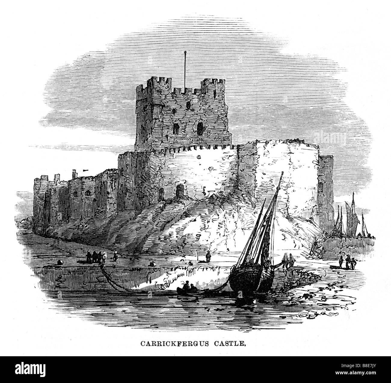 Carrickfergus Castle 1874 engraving of the Norman castle on the shores of Belfast Lough Stock Photo
