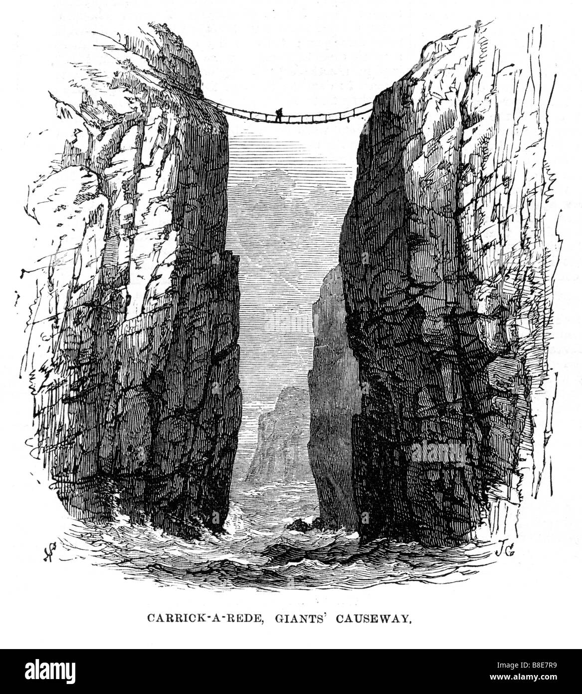 Carrick A Rede Rope Bridge 1874 engraving of the suspension bridge across to Carrick island Stock Photo