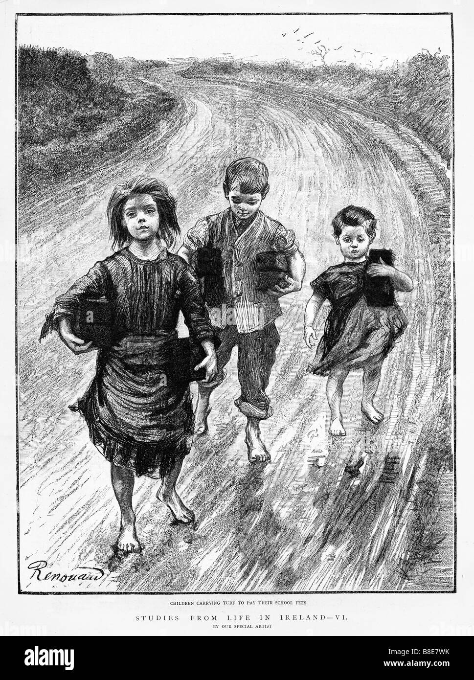 Carrying Turf for School Fees 1888 engraving of poor children in Ireland on their way to school Stock Photo