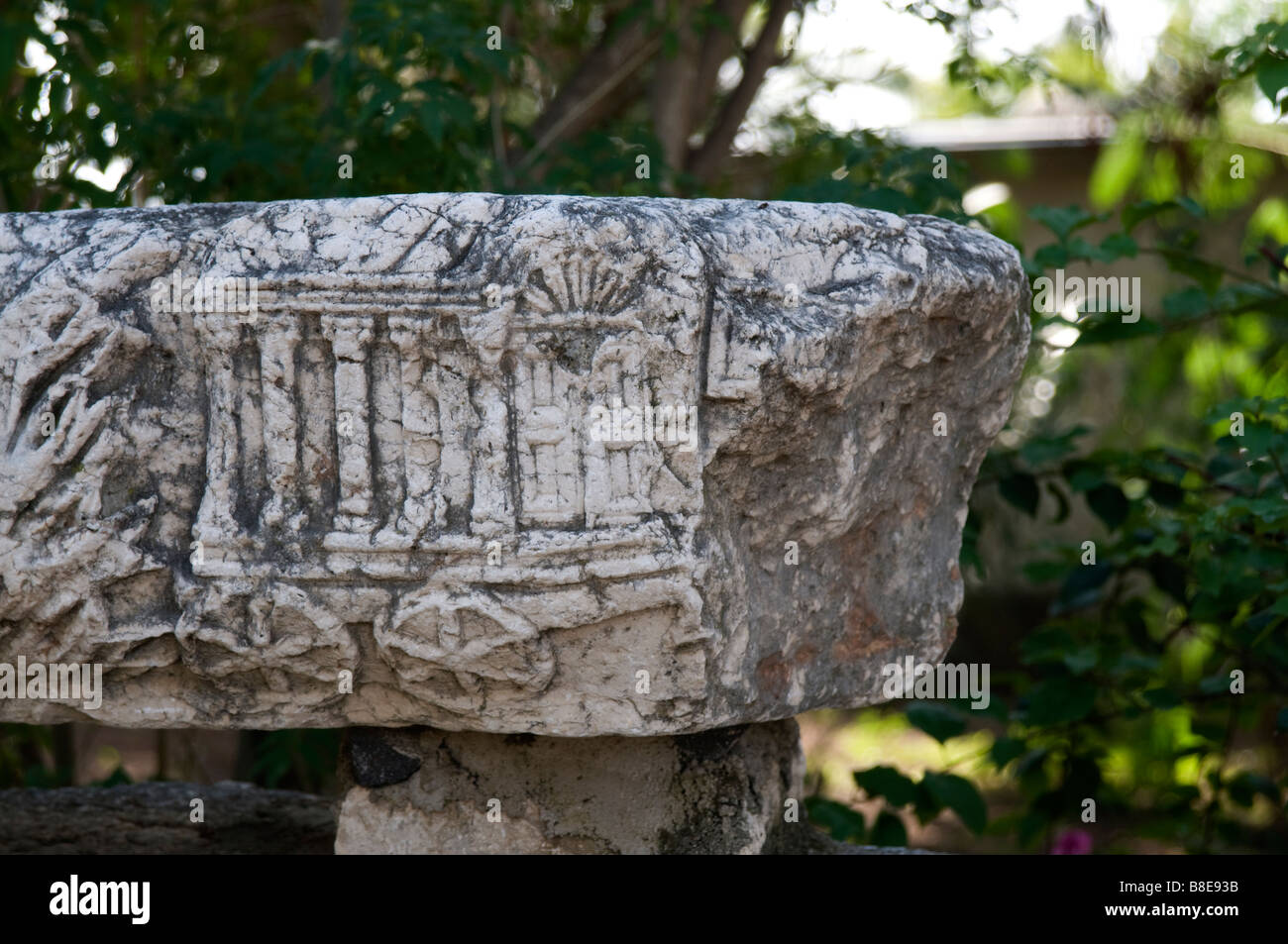 decorative sculpted ornaments at synagogue with biblical motifs.ark of the Covenant Stock Photo