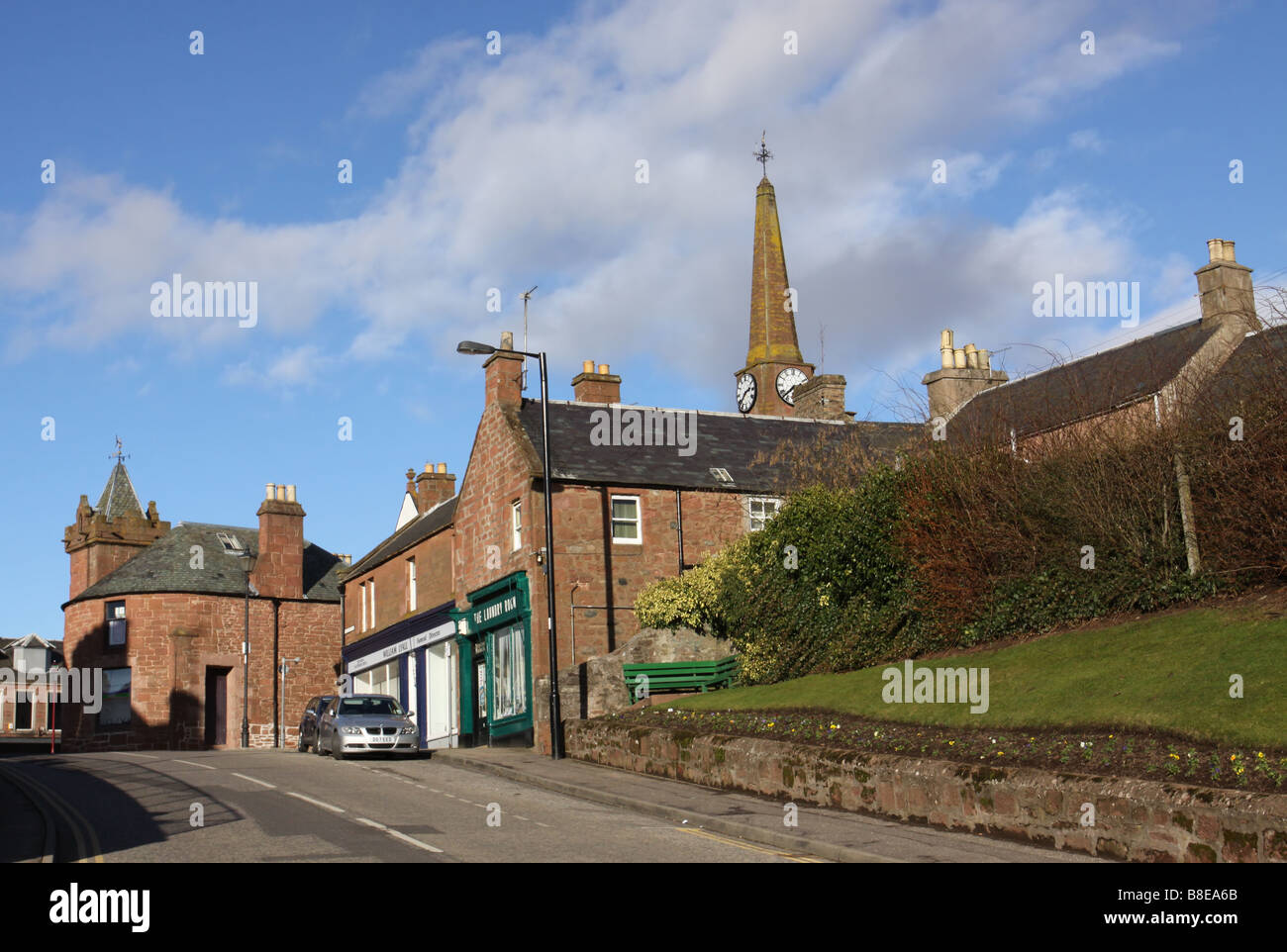 Kirriemuir street scene with red sandstone architecture Scotland