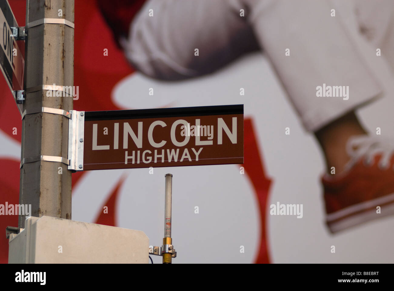 A sign in Times Square in New York marks the eastern terminus of the