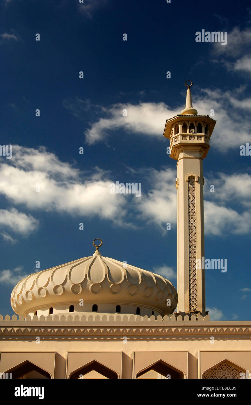 Dome and minaret of a newly built mosque in the Bastakiya quarter of the old town of Bur Dubai, Dubai, United Arab Emirates Stock Photo