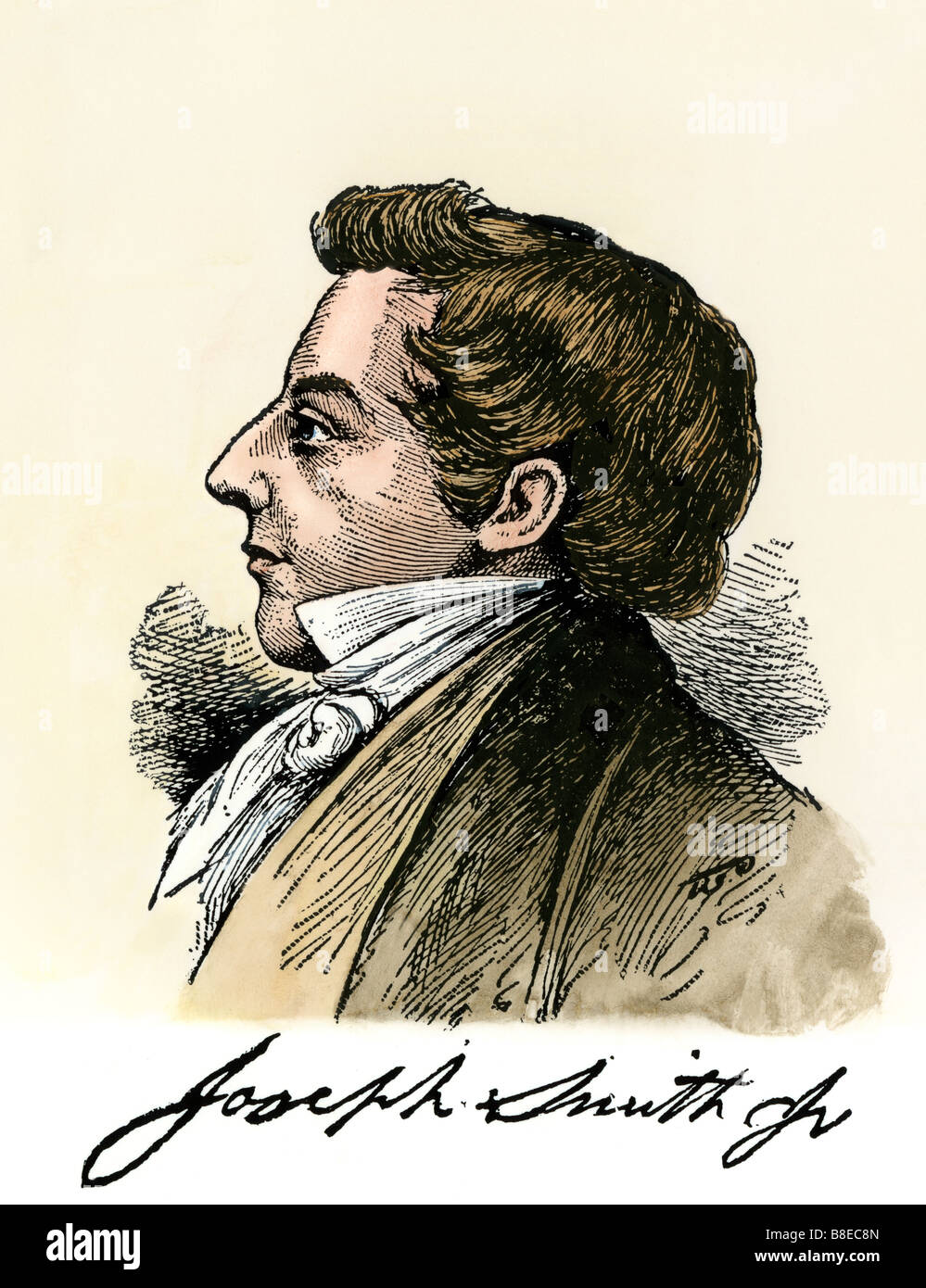 Profile of Joseph Smith with his autograph. Hand-colored woodcut Stock Photo