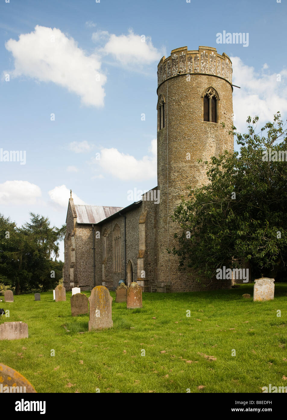 Stody Norfolk England St Mary 15th century flint church with ancient Saxon round tower Stock Photo
