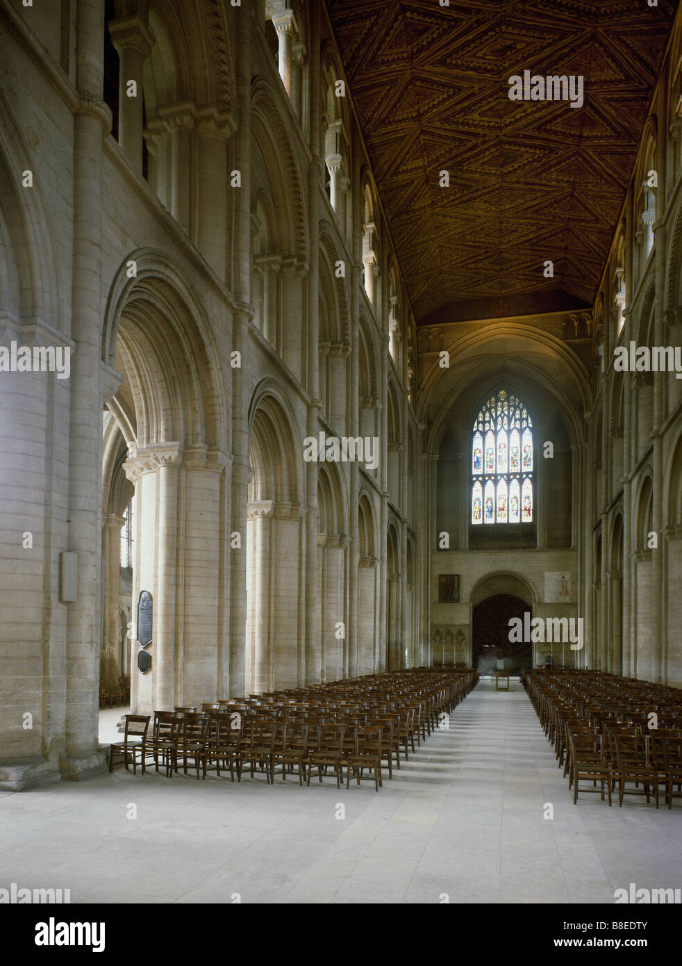Peterborough Cathedral. The nave looking west. Norman round headed