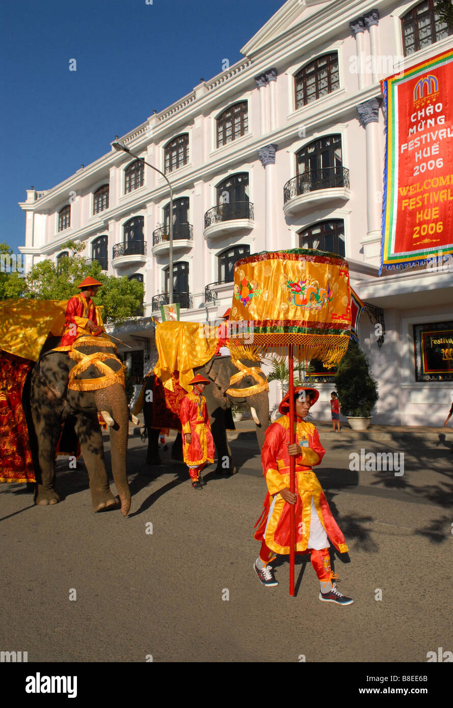 Imperial ceremony with elephants  in the city of Hue in front of Saigon Morin Hotel Stock Photo