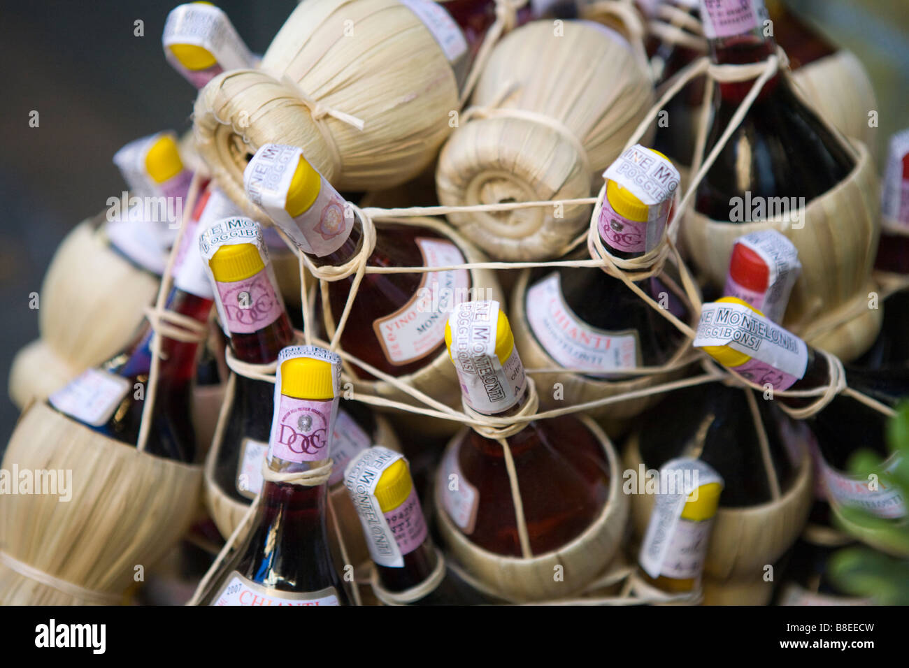 Small traditional wine bottles for sale at a roman shop in Rome italy