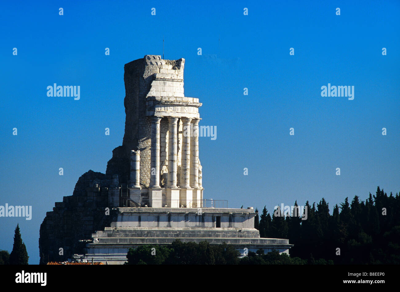 Classical Roman Rotunda or Victory Monument, La Trophée des Alpes (dedicated 6-5BC), La Turbie, Côte d'Azur, France Stock Photo