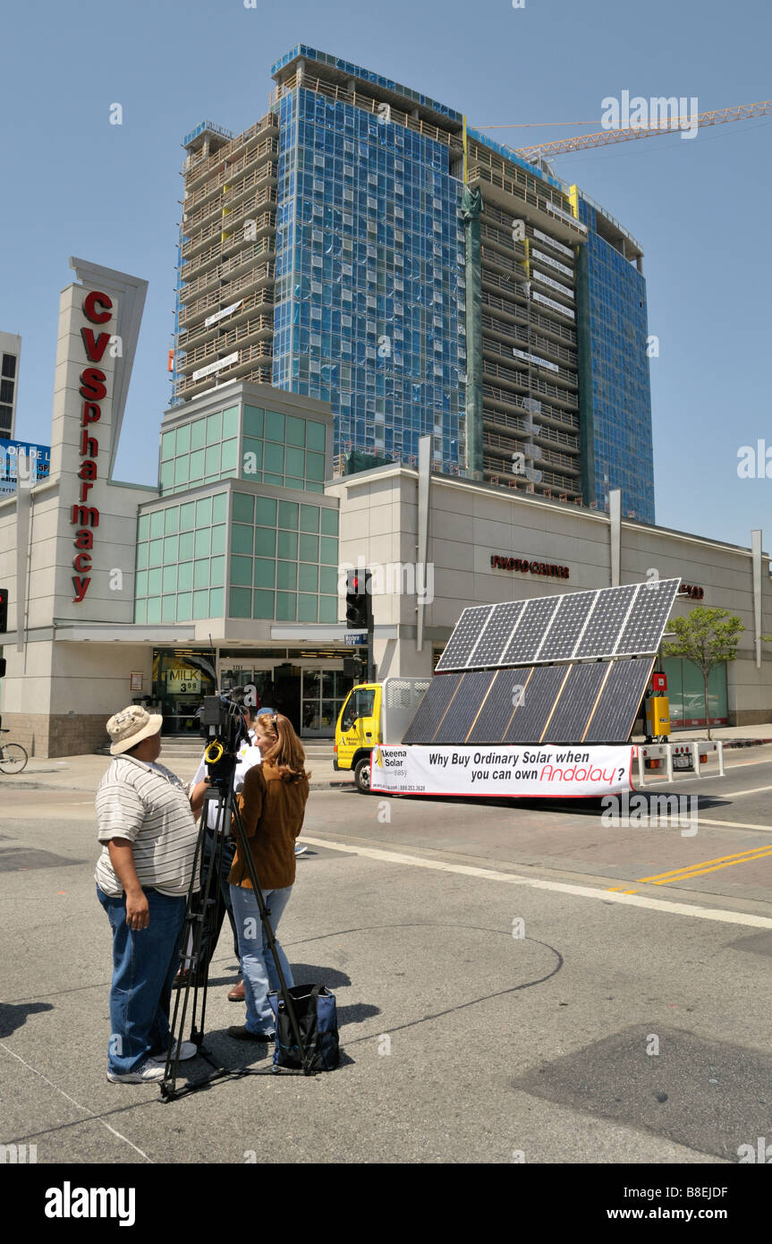 A casual interview is being recorded during Earth Day Los Angeles Stock