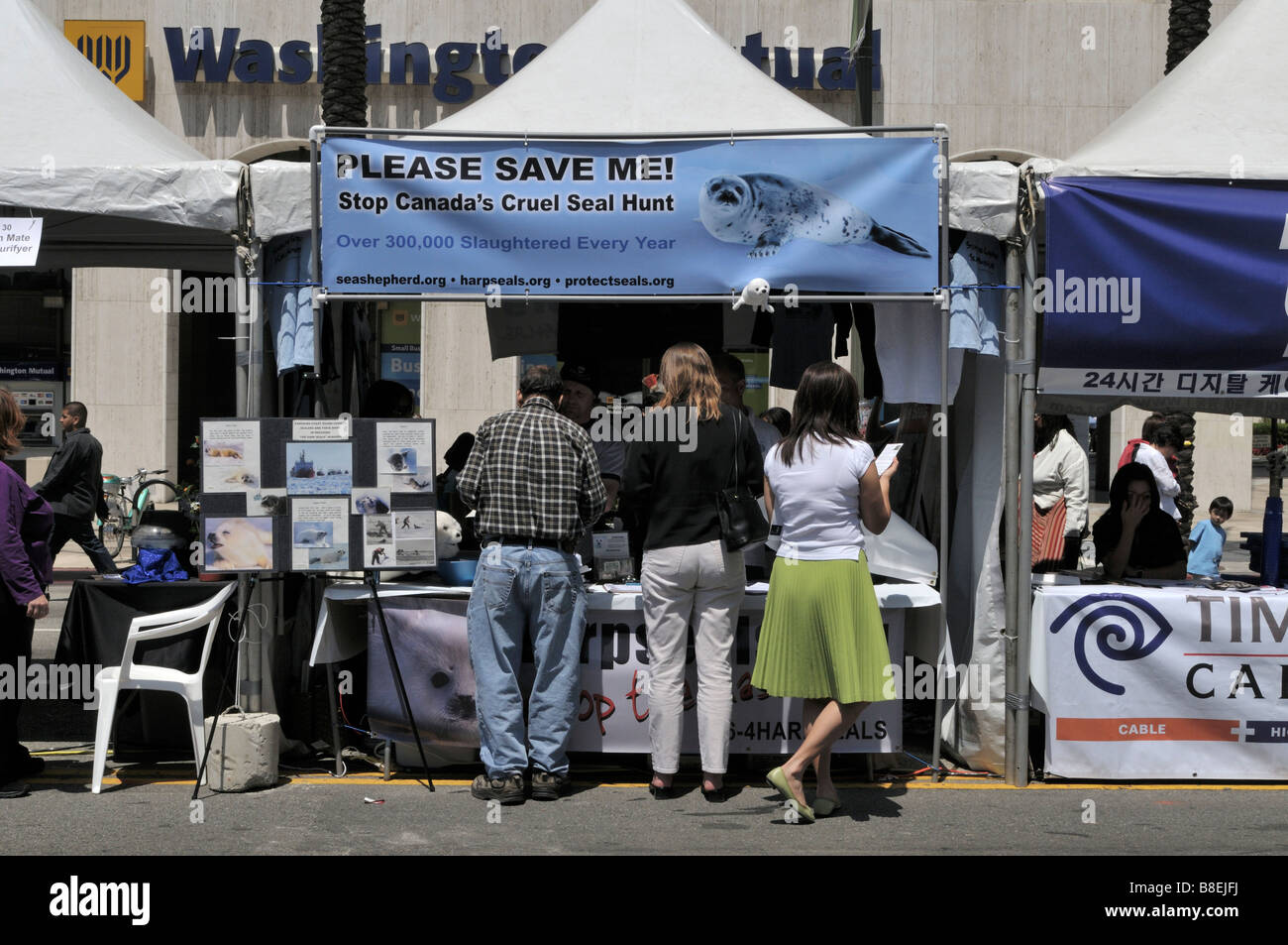 Exhibition booth informing about the cruel baby seal hunts in Canada Stock Photo