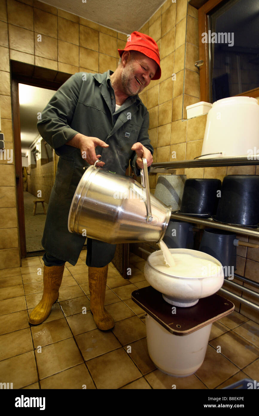 Farmer pouring fresh milk into a milk churn, Wenns, Austria Stock Photo