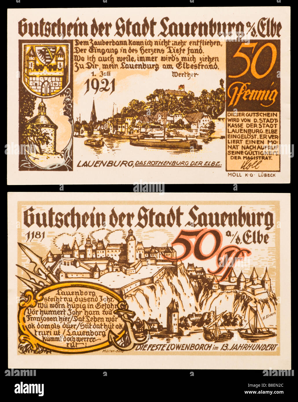 Notgeld or Gutschein (Emergency currency printed in Germany from 1914-22)  50 Pfennig note from Lauenberg an der Elbe 1921 Stock Photo - Alamy