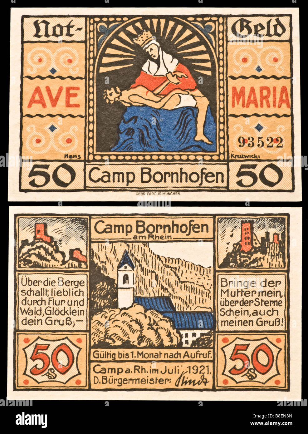 Notgeld or Gutschein (Emergency currency printed in Germany from 1914-22) 50 Pfennig note from Camp Bornhofen Stock Photo