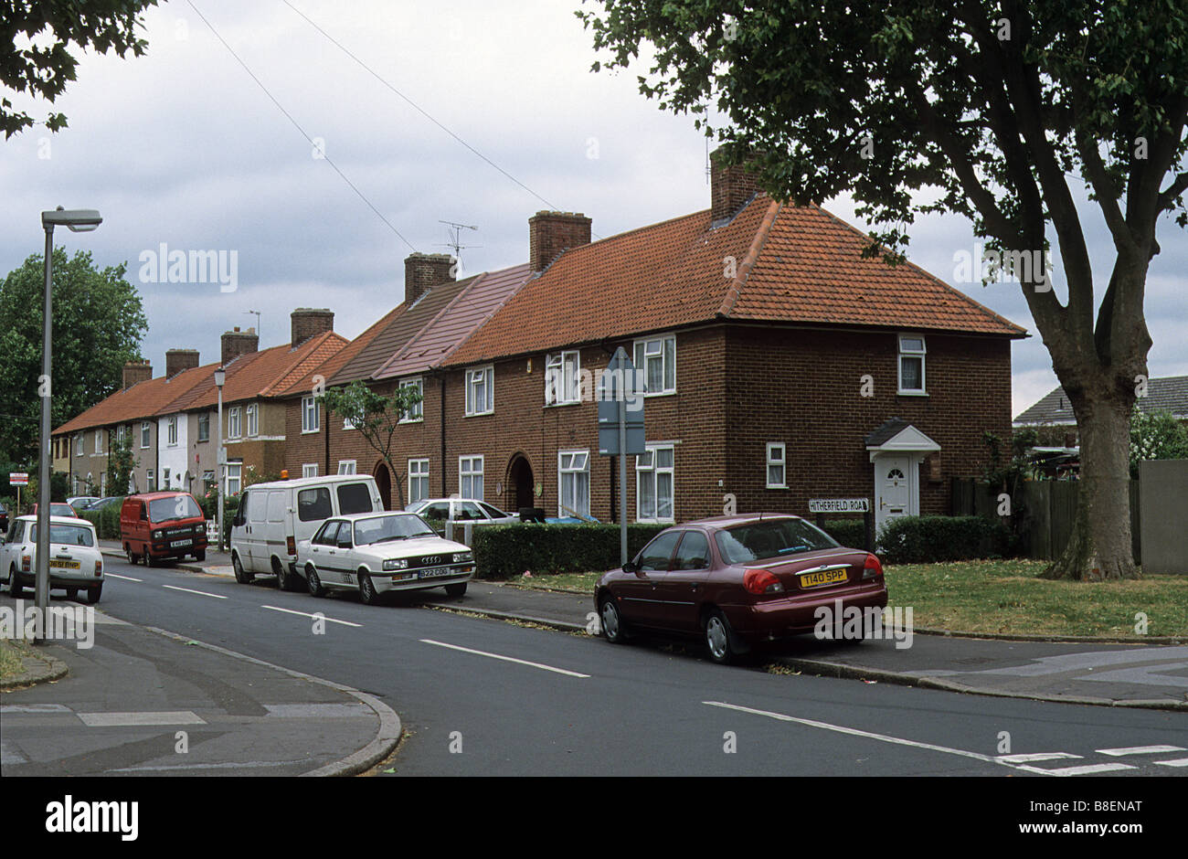 LCC Becontree Estate, East London, houses on Hitherfield Road. Stock Photo