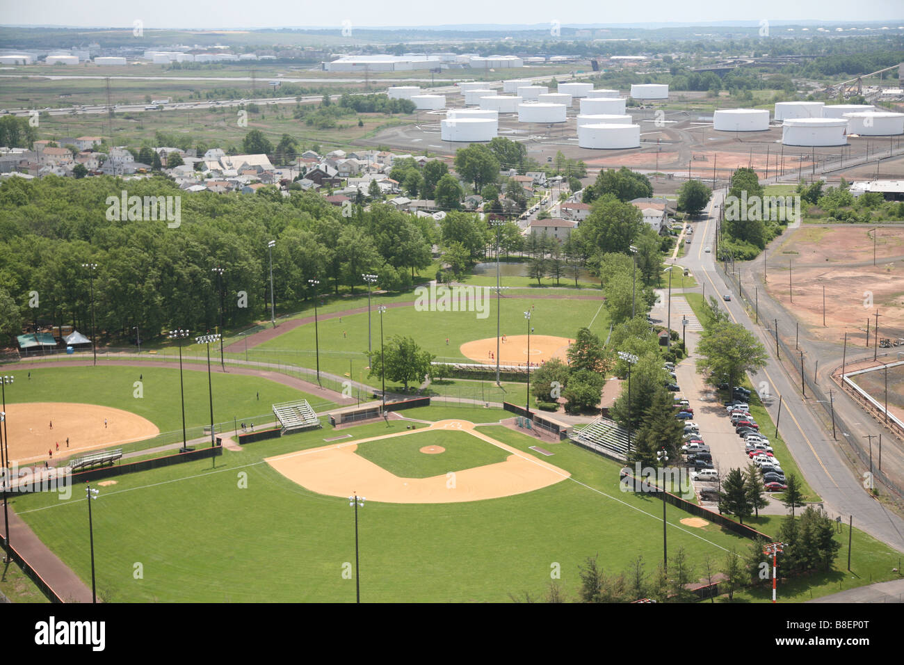 Aerial view of Baseball fields near oil storage tanks in LInden New