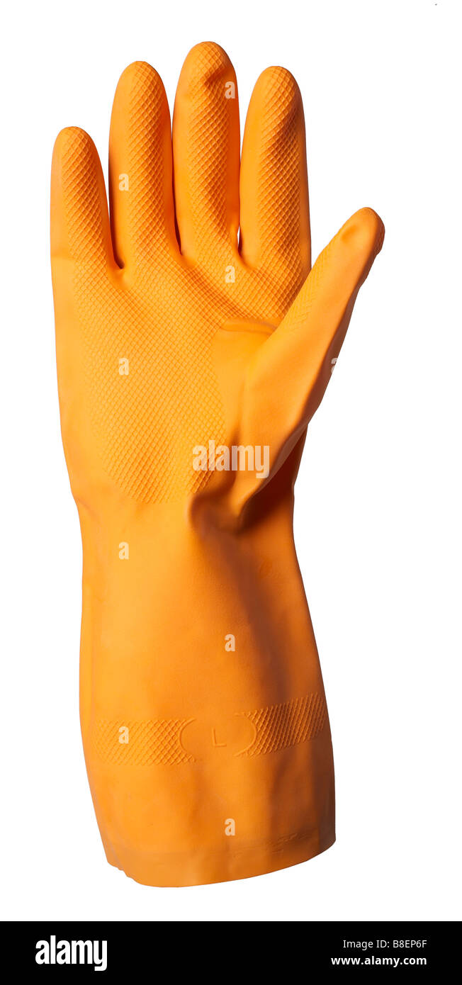 orange rubber glove Insulated mitt glove hand protection finger thumb Stock Photo