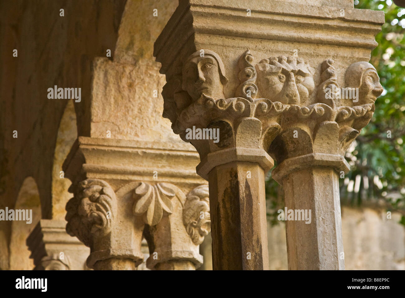Carved capitals of Franciscan monastery cloisters and courtyard Dubrovnik Dalmatia Croatia Europe Stock Photo