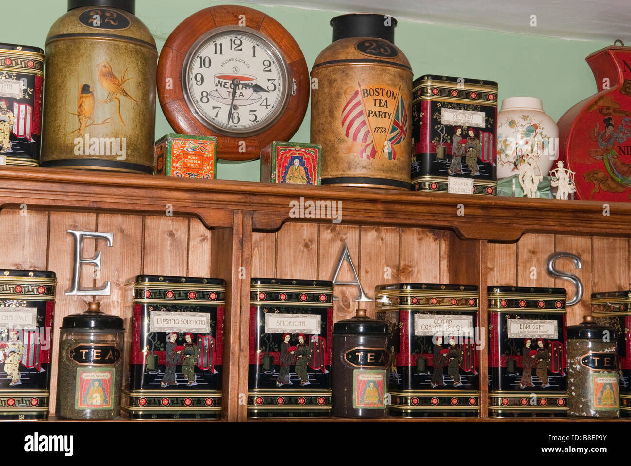 Various teas for sale in a specialist tea shop store in Lavenham