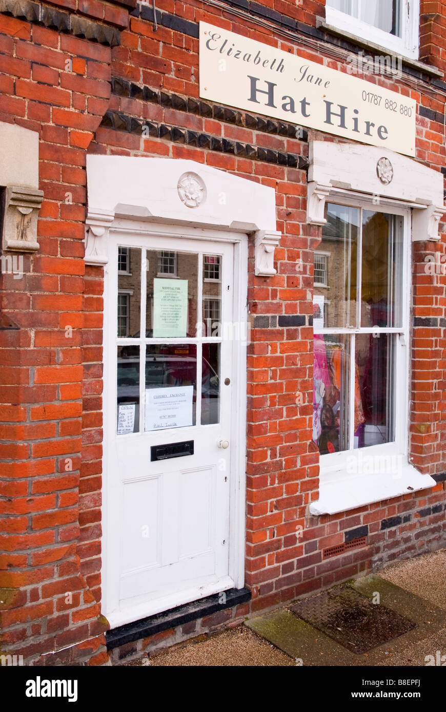 Elizabeth Jane hat hire shop store hiring hats in Long Melford,Suffolk,Uk Stock Photo