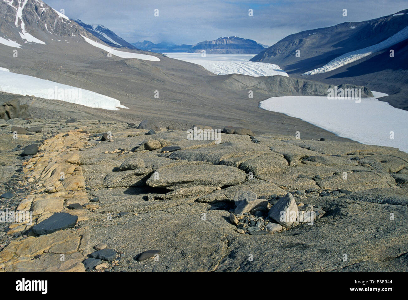 The scenic view above Lake Bonney in the Dry Valleys, Antarctica. Stock Photo