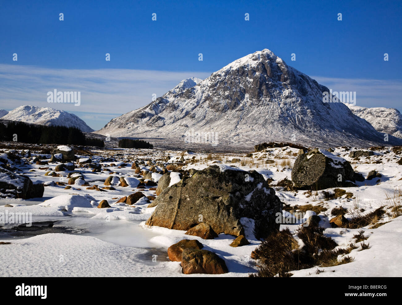 Buachaille Etive Mor from the River Etive and a snow covered Rannoch Moor, Lochaber, Scotland. Stock Photo