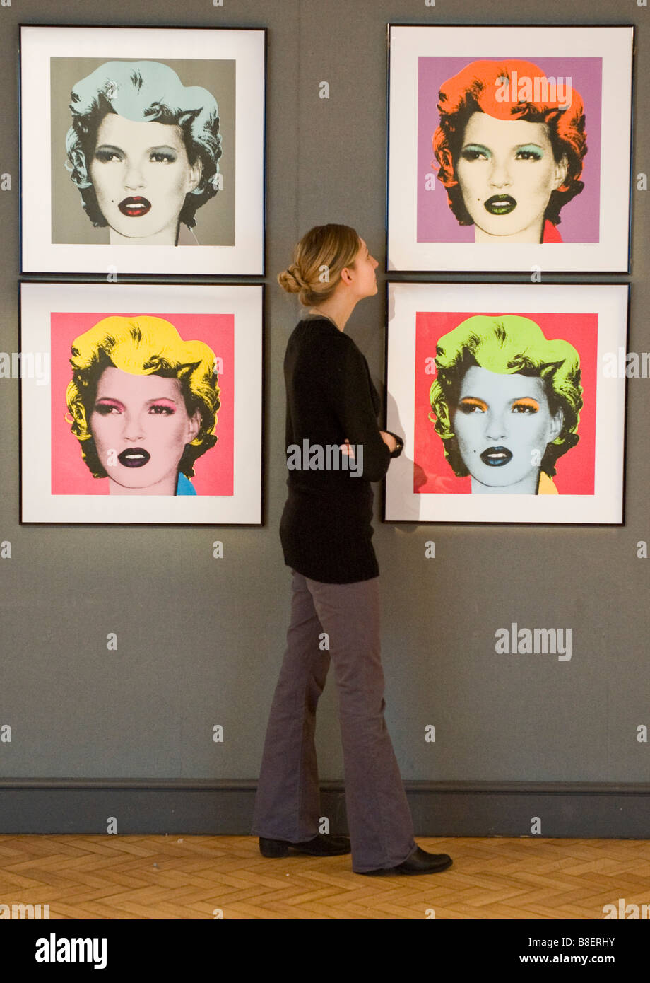 Prints of model Kate Moss by artist Banksy  inspired by Andy Warhol's iconic image of Marilyn Monroe, at Bonham's London Stock Photo