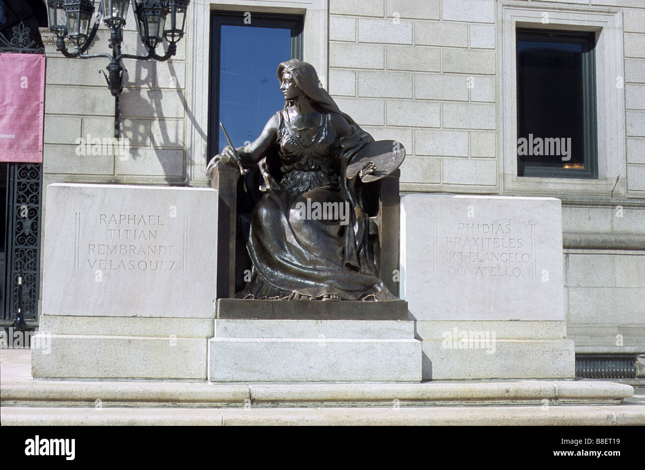 Bronze sculpture representing Art, outside the Boston Public Library, Boston, Mass. Stock Photo
