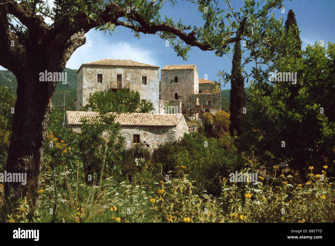 Old Kardamyli ruins beneath the Taygetos mountains, near Stoupa on the Mani peninsula, Peloponnese, Greece (mainland). Stock Photo