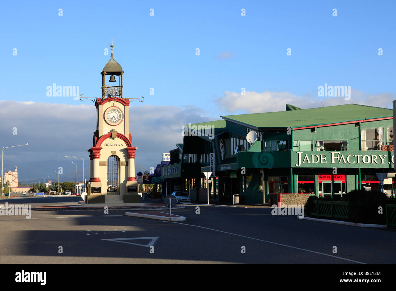 War Memorial clock tower and jade factory, Hokitika, West Coast,South Island,New Zealand Stock Photo