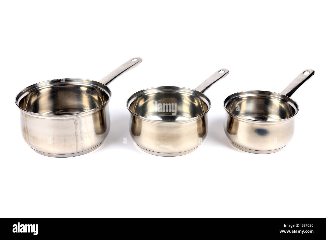 Three Stainless Steel Saucepans without lids against a white background
