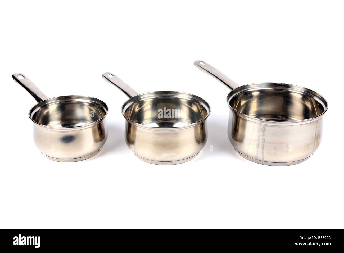 Three Stainless Steel Saucepans without lids against a white background