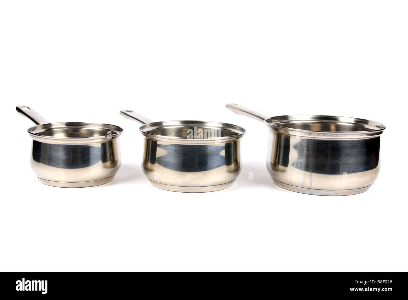 Three Stainless Steel Saucepans without lids against a white background