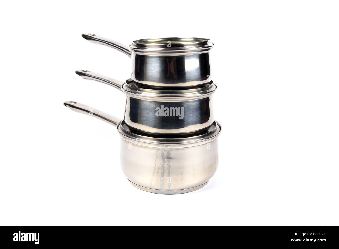 Three Stainless Steel Saucepans without lids against a white background