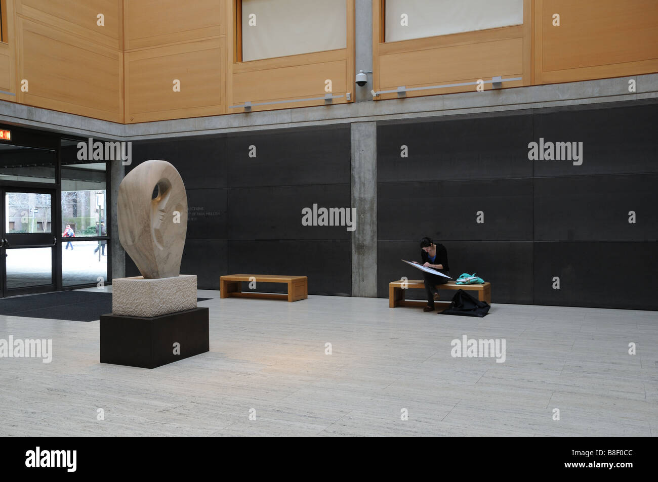 The entrance of the Yale Center for British Art in New Haven, Conn., with a sculpture by Barbara Hepworth. Stock Photo