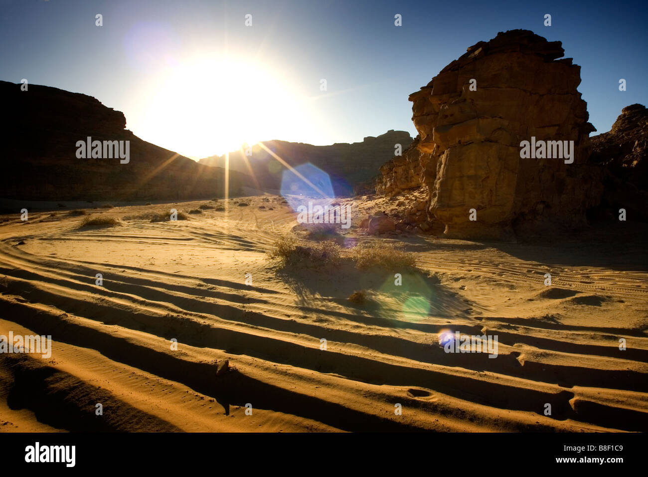 Tire tracks in a desert landscape in Egypt Stock Photo