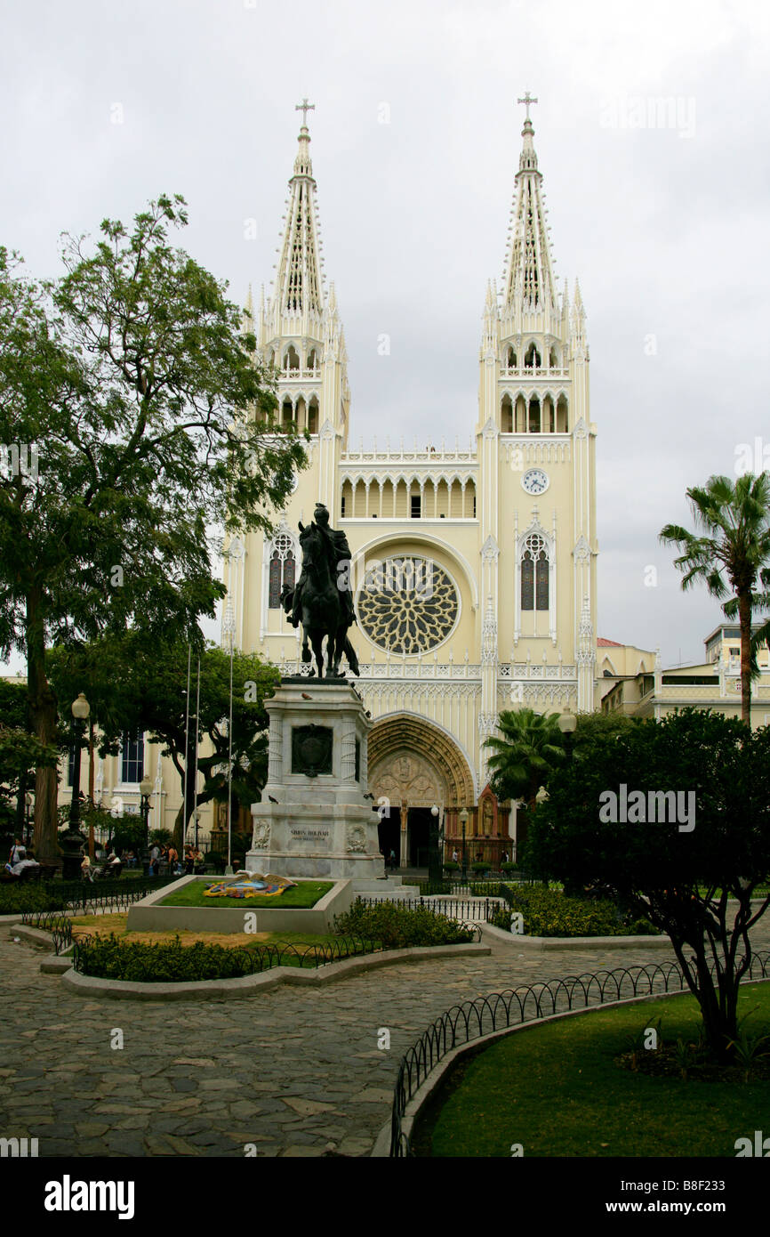 Gothic Style Cathedral, San Pedro of Guayaquil, and Equestrian Statue of Simon Bolivar in Seminario Park, Guayaquil, Ecuador Stock Photo