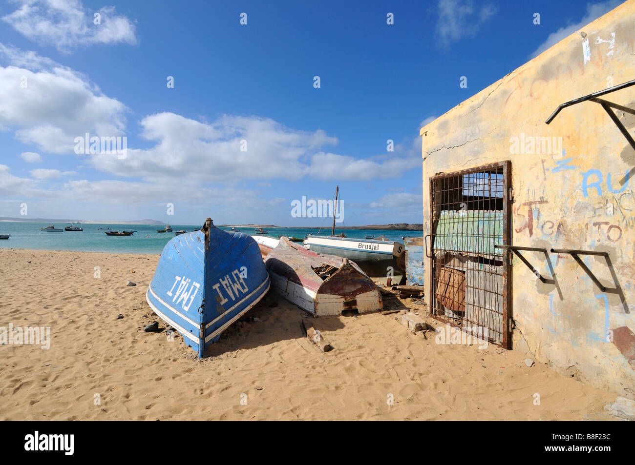 Boats on Sal Rei Beach, Boa Vista Island, Republic of Cape Verde Stock Photo