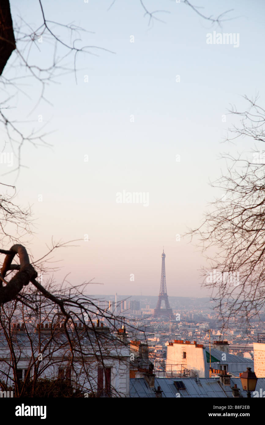 A view across Paris from Montmartre with the Eiffel Tower visible in