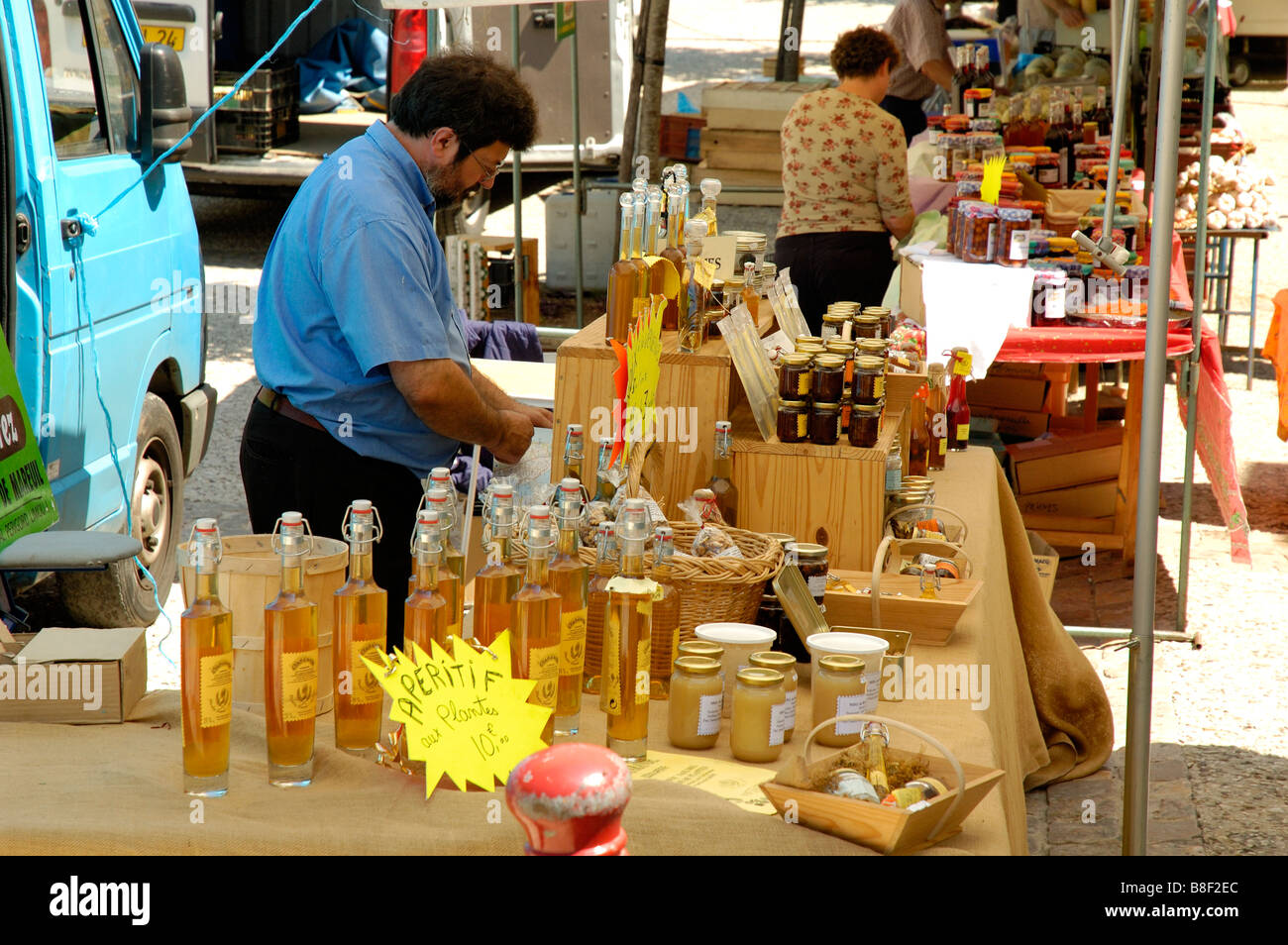 Local market stall (selling Truffles and truffle products, honey etc), Brantome, Dordogne, France. Stock Photo
