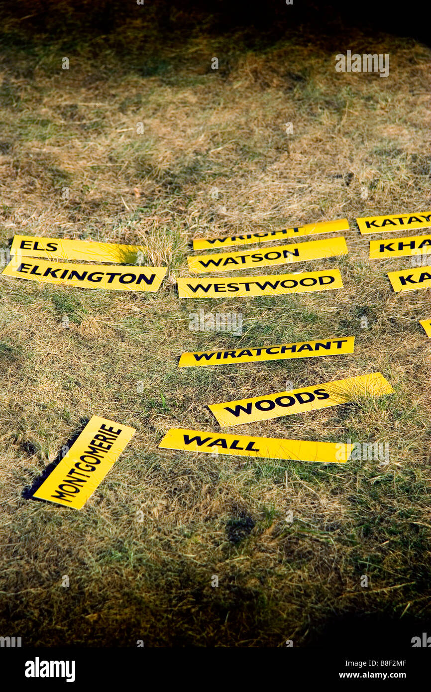 British Open Golfers names signs on grass waiting to be place upon Leader Board at the British Open Golf Tournement, Hoylake, Wirral, England Stock Photo