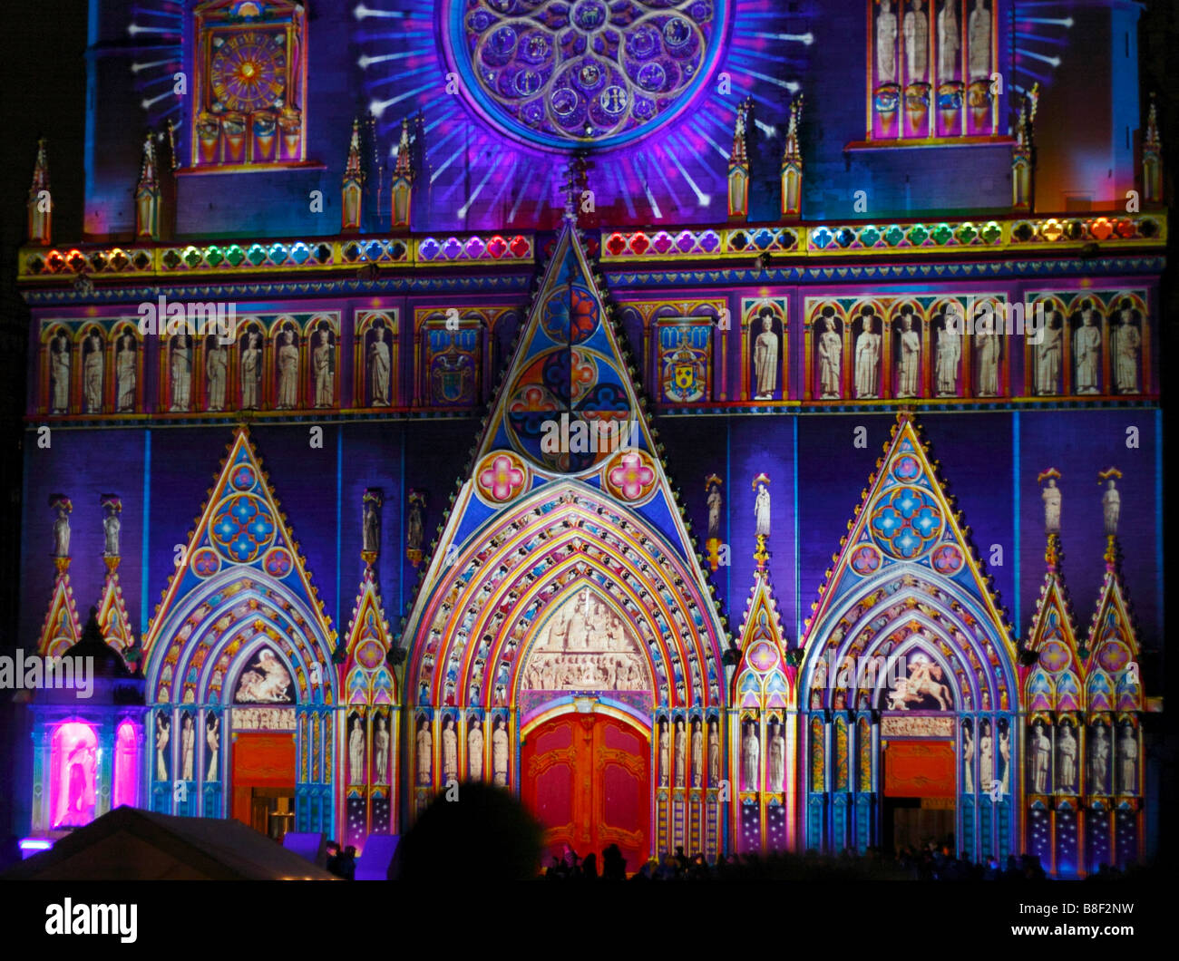 Lyon Cathedral painted with projection as part of Fete des Lumieres ...